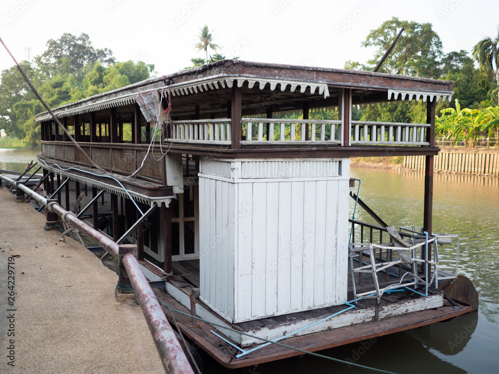 Antique wooden boat Park on the river