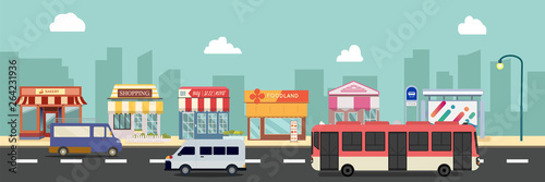 Fototapeta Naklejka Na Ścianę i Meble -  City street and store buildings with bus , minibus on street vector illustration, a flat style design.Business storefront and public bus stop in urban .Public store on main street with cars.