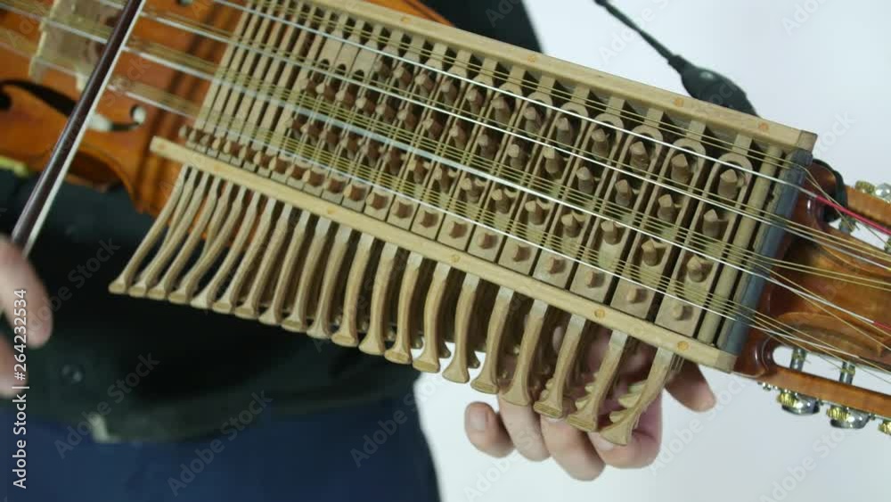 young musician plays nyckelharpa, medieval swedish Scandinavian authentic musical instrument, close-up