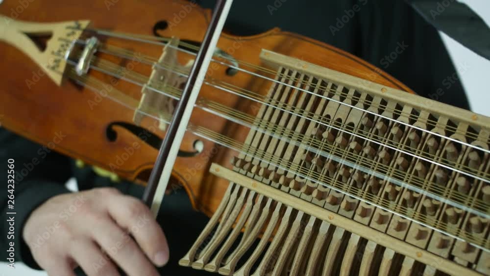 young musician plays nyckelharpa, medieval swedish Scandinavian authentic musical instrument, close-up