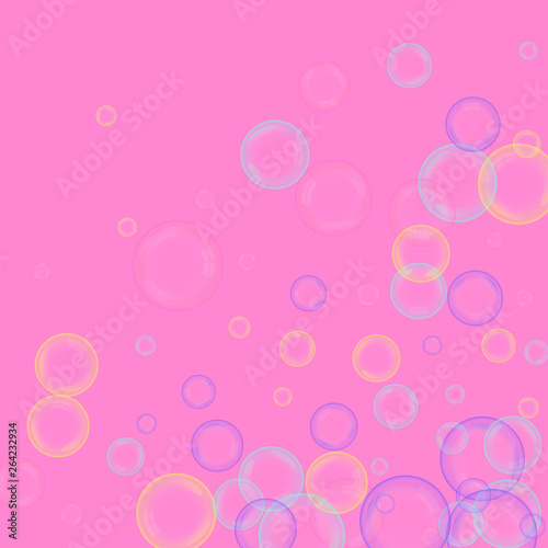 Soap bubbles fly. A poster with colored bubbles. Concept of cleanliness. Foam from soap. Beauty treatment.