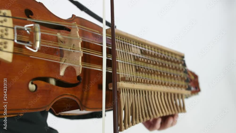 young musician plays nyckelharpa, medieval swedish Scandinavian authentic musical instrument, close-up