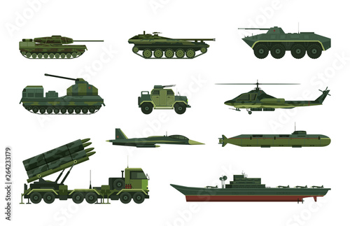 Set of isolated war or military vehicle, ship