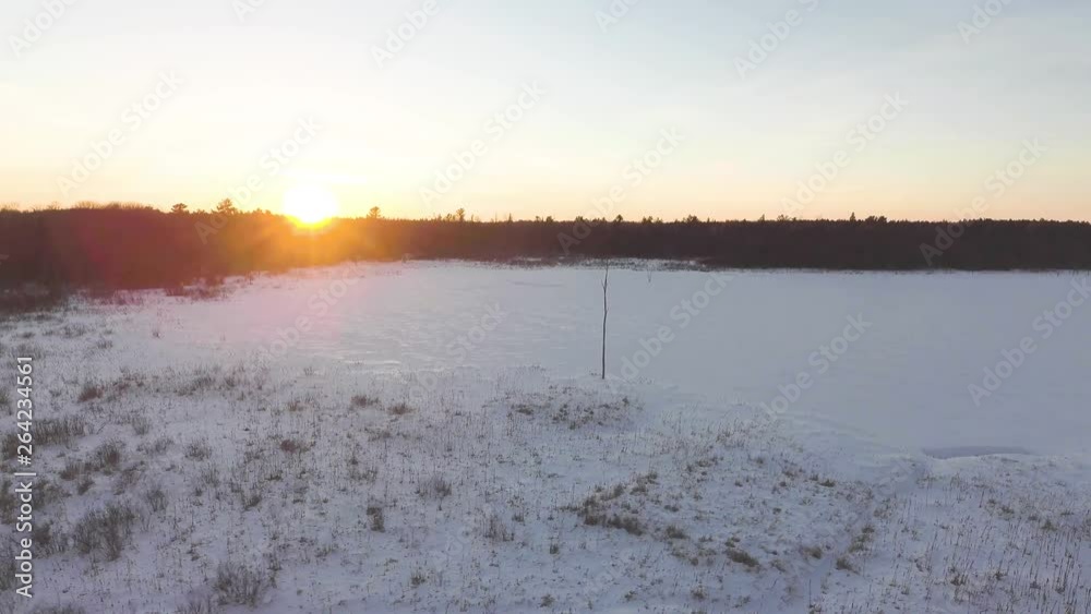 Drone shot moving towards a winter forest near Ottawa, Ontario at sunset over a lake. Drone shot moving towards a winter forest near Ottawa, Ontario at sunset over a lake.