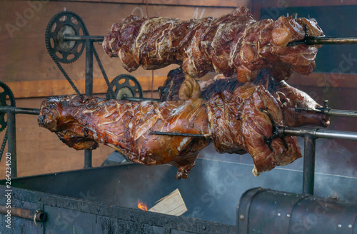 A whole pig on the rotisserie
