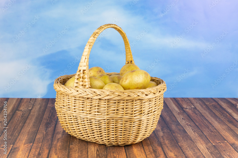 A wicker basket with potatoes on a wooden table, blue sky as background A wicker basket with potatoes on a wooden table, blue sky as background