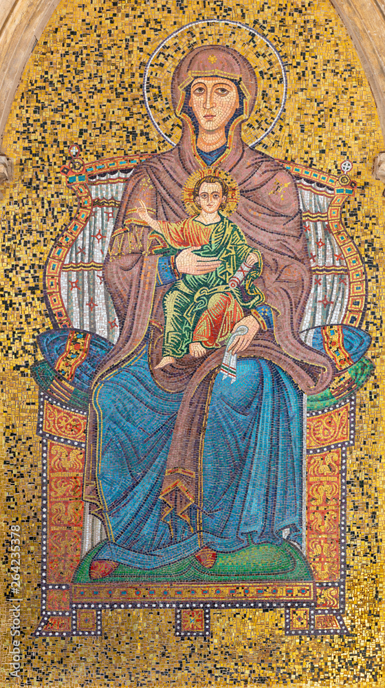 TAORMINA, ITALY - APRIL 9, 2018: The external mosaic of Madonna under Torre dell'Orologio (Porta di Mezzo) tower.