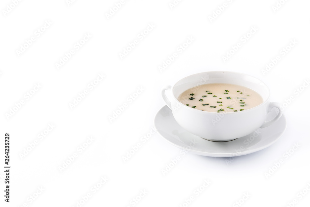 Traditional French vichyssoise soup isolated on white background. Copyspace Traditional French vichyssoise soup isolated on white background. Copyspace