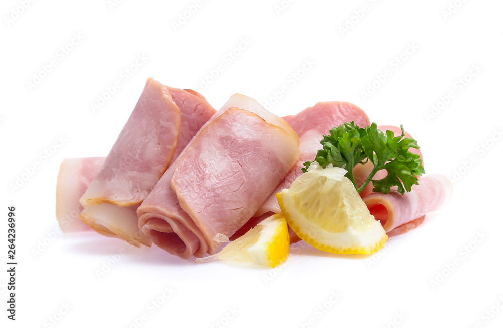 Fresh sliced bacon on white background Fresh sliced bacon on white background