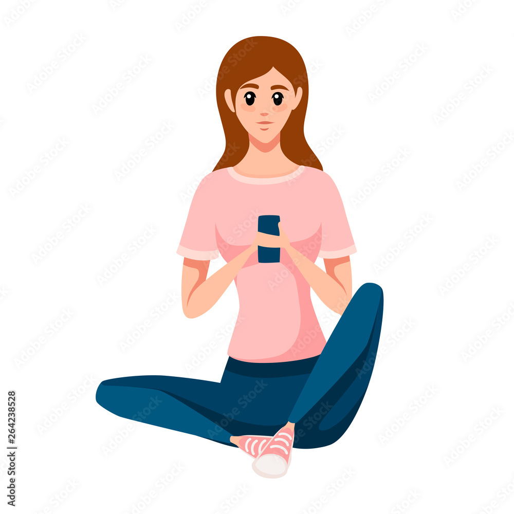 Women sitting on floor and use smartphone. Women wearing pink shirt and blue trousers. Flat vector illustration isolated on white background. Cartoon character design