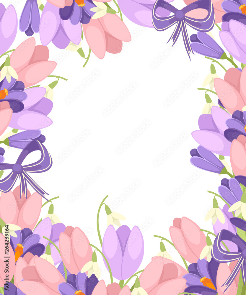 A bouquet of flowers with a purple ribbon. Spring pink Tulip, purple Crocus and white Convallaria majalis. Green flower pattern, grass. Flat vector illustration on white background