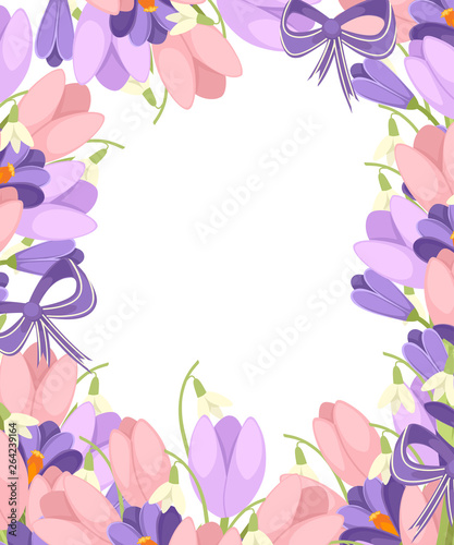 A bouquet of flowers with a purple ribbon. Spring pink Tulip  purple Crocus and white Convallaria majalis. Green flower pattern  grass. Flat vector illustration on white background