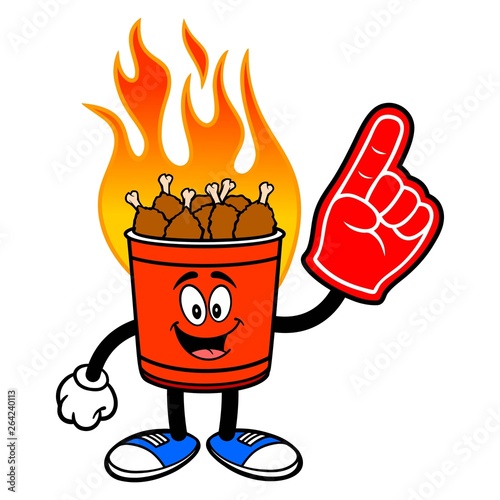 Hot Wing Bucket Mascot with Foam Hand - A cartoon illustration of a flaming Hot Wing Bucket Mascot.