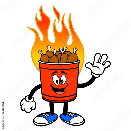 Hot Wing Bucket Mascot Waving - A cartoon illustration of a flaming Hot Wing Bucket Mascot.