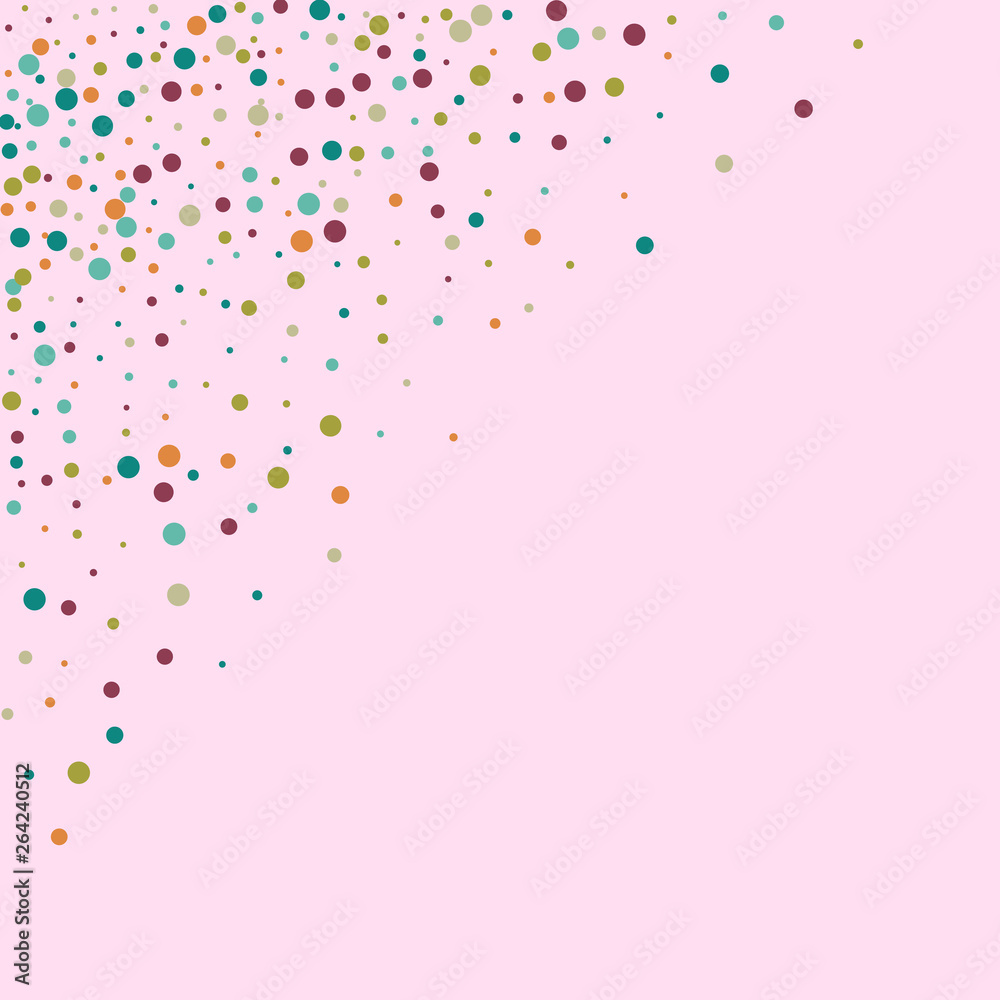 Festive background with multicolored confetti. Yellow, pink, blue circles but against a white background. Flying confetti.