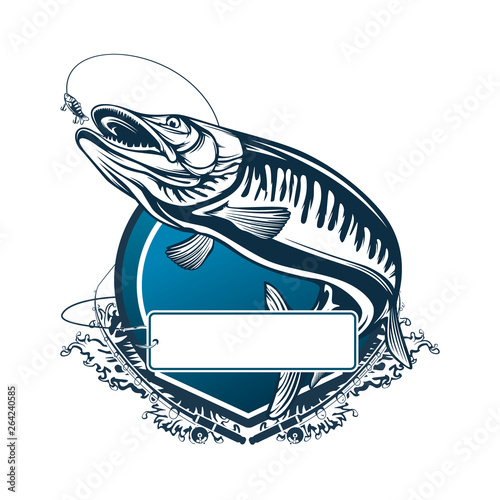 Pike fishing emblem. Pike fish logo vector. Outdoor fishing background theme. Angry fish logo.