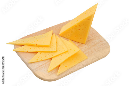 Cheese slice isolated on white background cutout on cutting board