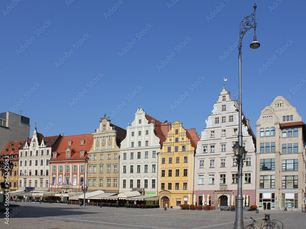 The old buildings around the Market Square in Wrocław, Poland (Rynek we Wrocławiu, Großer Ring zu Breslau) is a medieval market square in Wrocław
