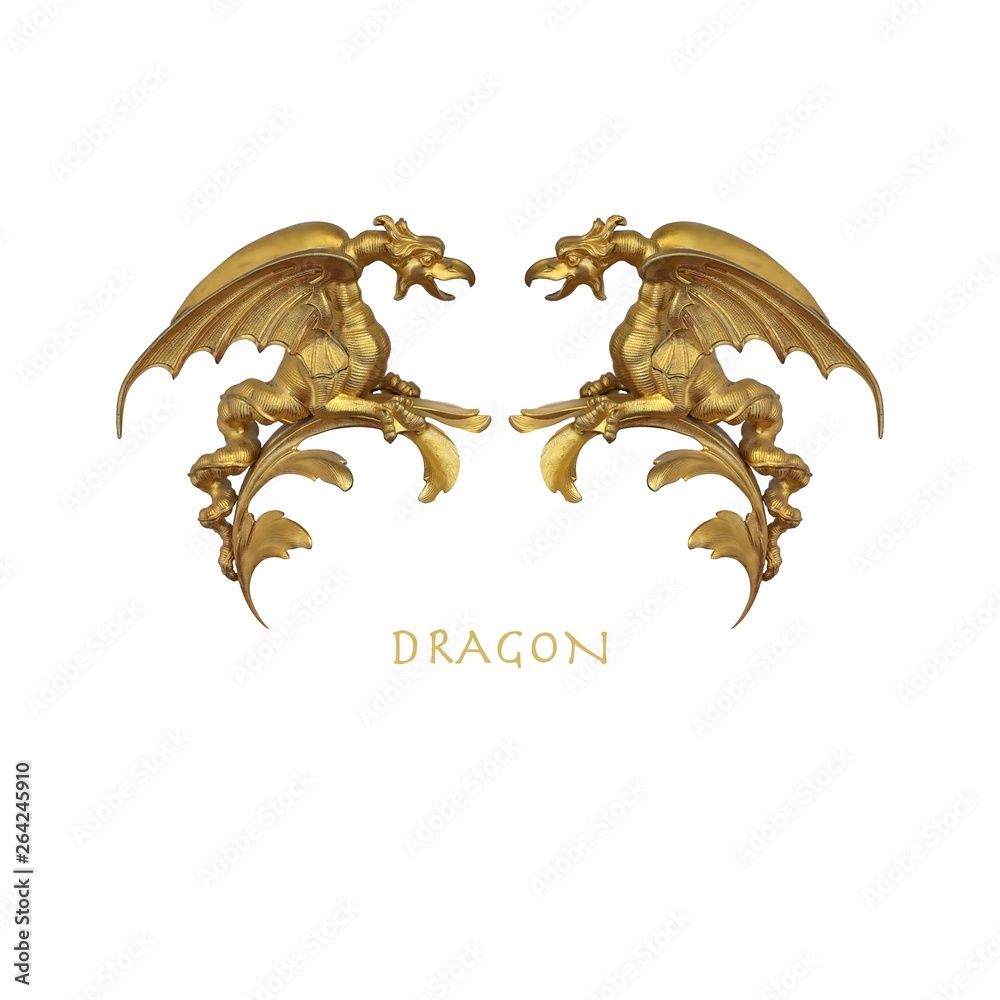 Obraz premium Layout of poster with gold decorative dragons isolated on white background