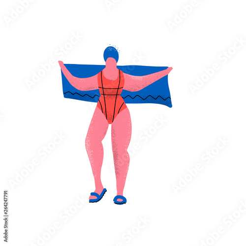 Girl swimmer and things for the pool: swimsuit, towel and swimming cap. Funny plus size woman in flip flops. Flat cartoon style textured hand drawn illustration on white background