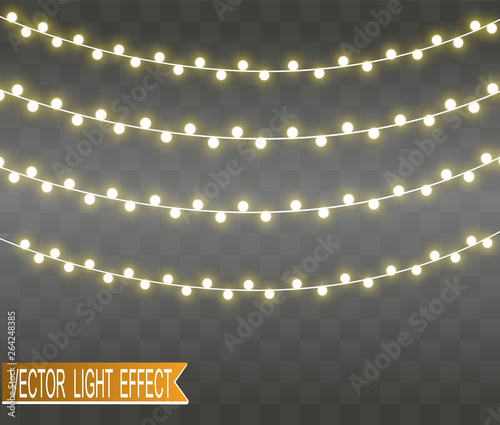 Christmas bright, beautiful lights, design elements. Glowing lights for design of Xmas greeting cards. Garlands, light Christmas decorations.