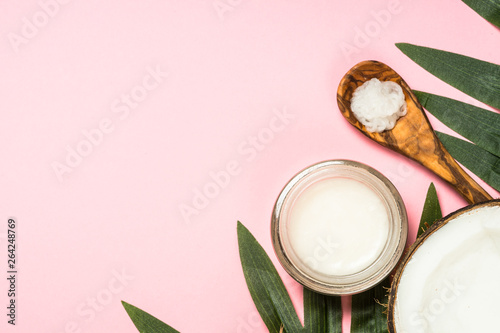 Coconut oil, natural cosmetic top view.
