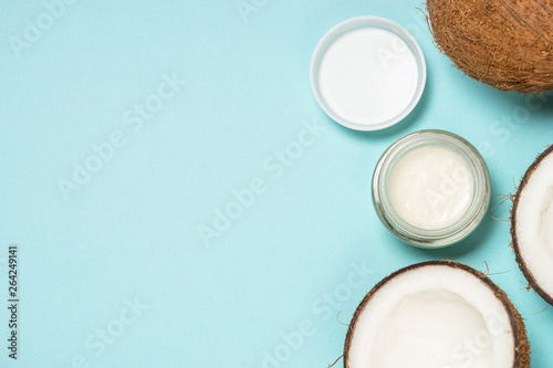 Coconut oil, natural cosmetic flat lay.