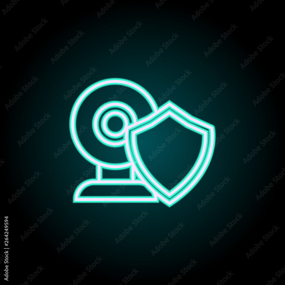 shield in web camera neon icon. Elements of Virus, antivirus set. Simple icon for websites, web design, mobile app, info graphics shield in web camera neon icon. Elements of Virus, antivirus set. Simple icon for websites, web design, mobile app, info graphics