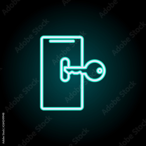 key to smart phone neon icon. Elements of Virus, antivirus set. Simple icon for websites, web design, mobile app, info graphics