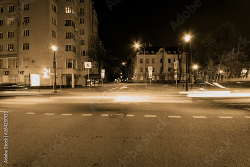 long exposure night city, sepia color old film, russia, moscow