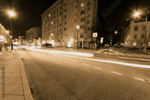 Photography long exposure night city, sepia color old film, russia, moscow