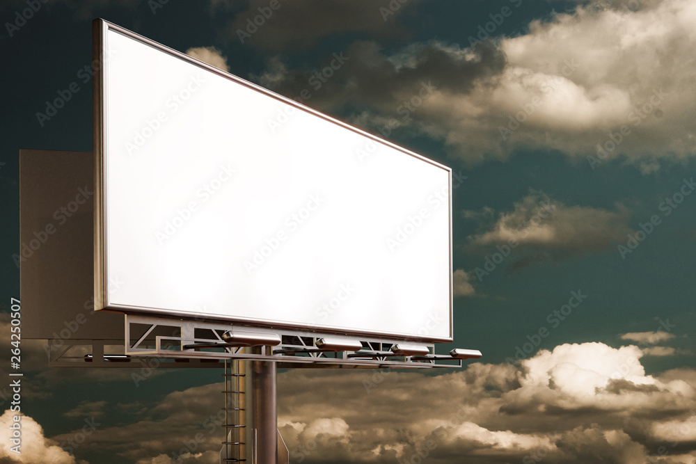 3D rendering of blank billboard (empty advertisement) with clouds. Empty mockup template 3D rendering of blank billboard (empty advertisement) with clouds. Empty mockup template
