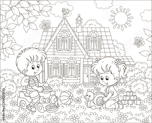 Small children playing with toys among flowers on grass of a front lawn of their house on a sunny summer day, black and white vector illustration in a cartoon style