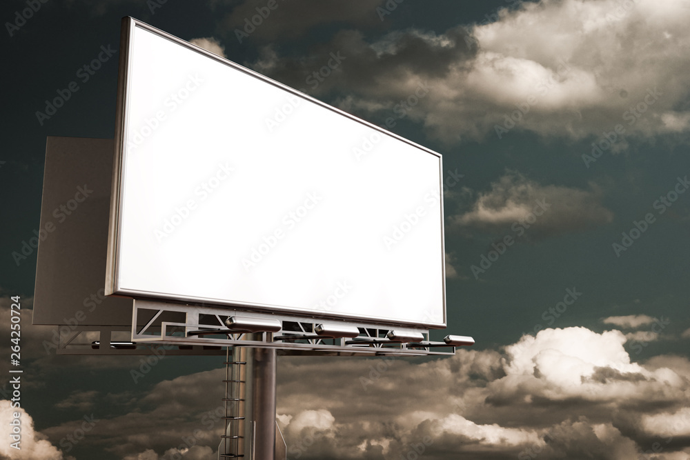 Fototapeta premium 3D rendering of blank billboard (empty advertisement) with clouds. Empty mockup template