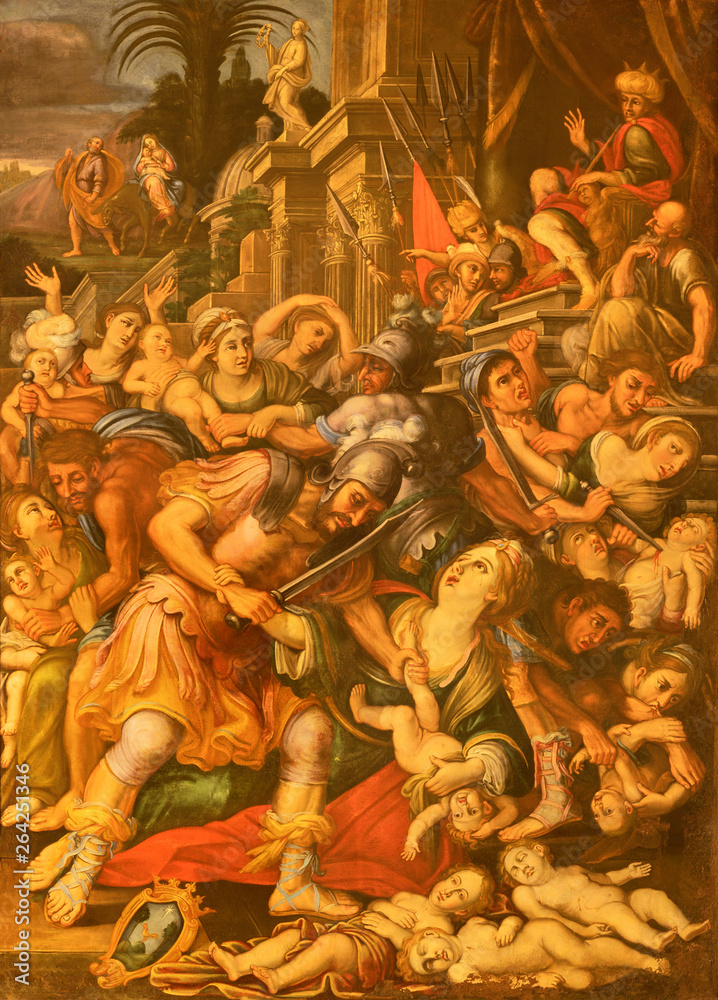 ACIREALE, ITALY - APRIL 11, 2018: The painting of The Masacre of Innocents in Duomo - cattedrale di Maria Santissima Annunziata by Matteo Ragonisi (18. cent.).