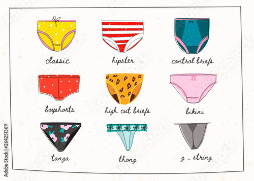 Various styles of women s panties. Female underwear collection. Hand drawn vector set. Flat design. Trendy fashion illustration. All elements are isolated