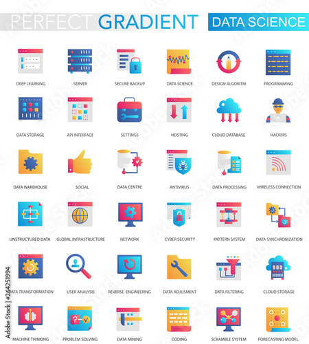 Vector set of trendy flat gradient data science icons.