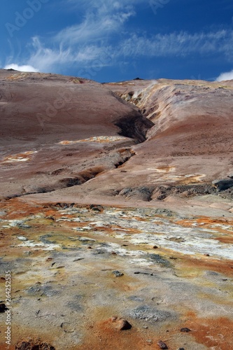 Seltun / Krysuvik (Krýsuvík): View over yellow, orange and white geothermal field on fissure of red hill contrasting with blue sky