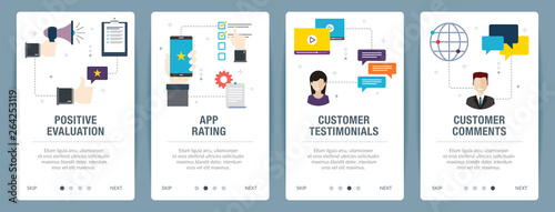 Vector set of vertical web banners with positive evaluation, app rating, customer testimonials and customer comments. Vector banner template for website and mobile app development with icon set.