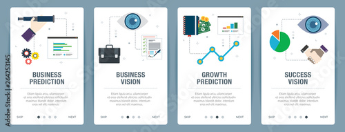 Vector set of vertical web banners with business prediction, business vision, growth prediction and success vision. Vector banner template for website and mobile app development with icon set.