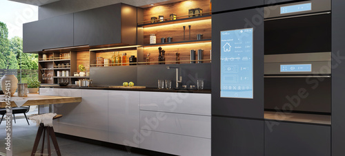 Smart home control panel in a modern kitchen © slavun
