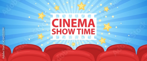 Horizontal banner with cinema row of red sits. Vector