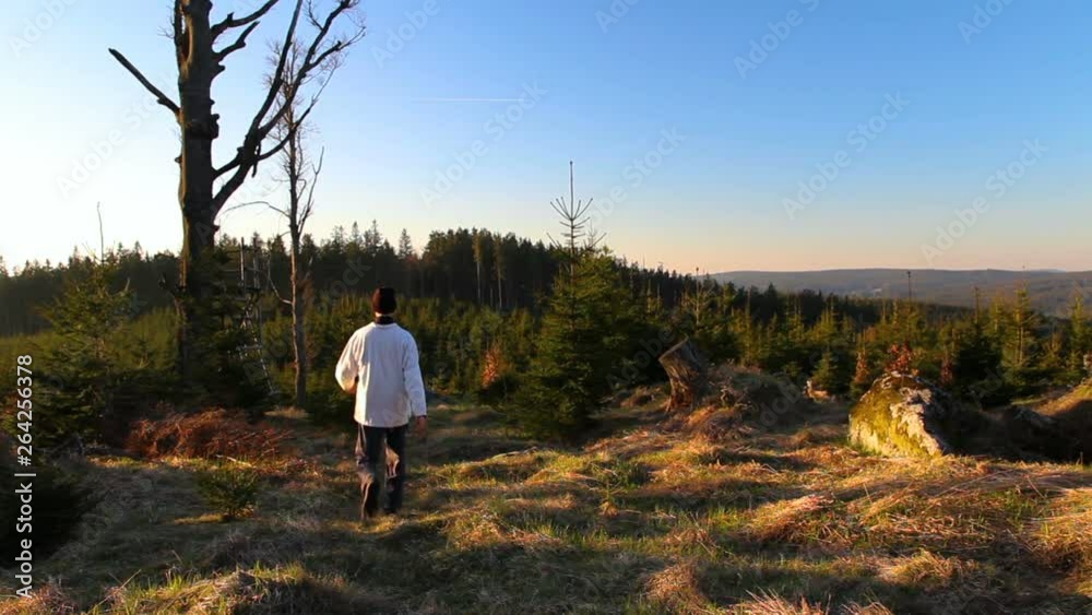 Young man hiker walk in nice landscape at sunrise from back Young man hiker walk in nice landscape at sunrise from back