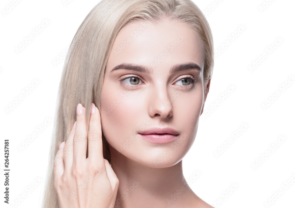 Fototapeta premium Beautiful hair woman blonde long hairstyle beauty healthy skin face closeup