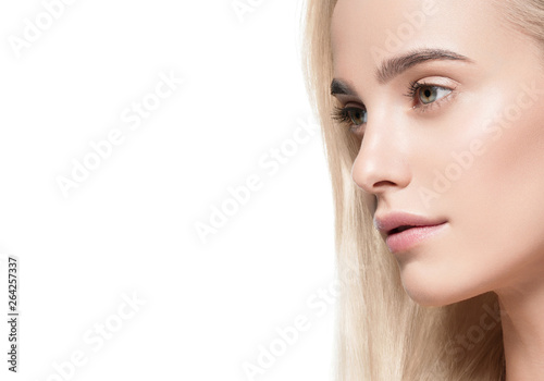 Beautiful hair woman blonde long hairstyle beauty healthy skin face closeup