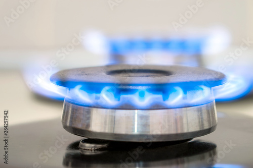The gas burner of the heating system is lit by a blue flame. The blue flame of the gas stove burns brightly