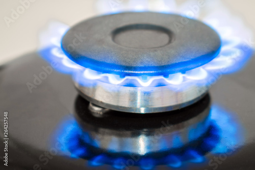 The gas burner is close-up. A bright blue flame burns in the gas stove