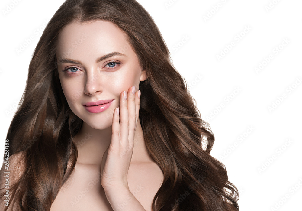 Beauty face healthy skin woman brunette healthy hair female model isolated on white Beauty face healthy skin woman brunette healthy hair female model isolated on white