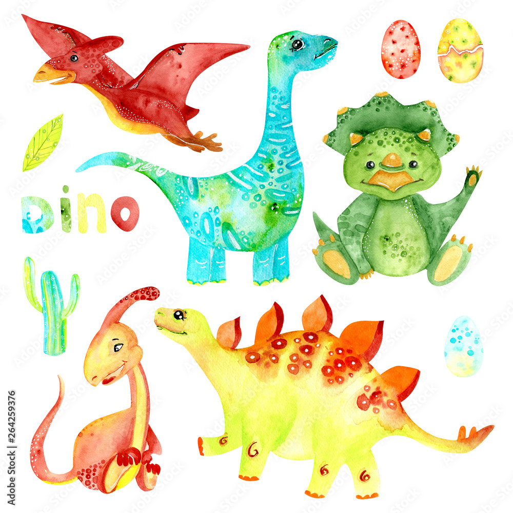 Naklejka premium Watercolor Baby Dinosaurs . Childish set isolated on a White Background Hand Drawn Illustration. Illustration for kindergarten, wallpaper, cards, invitations, design.
