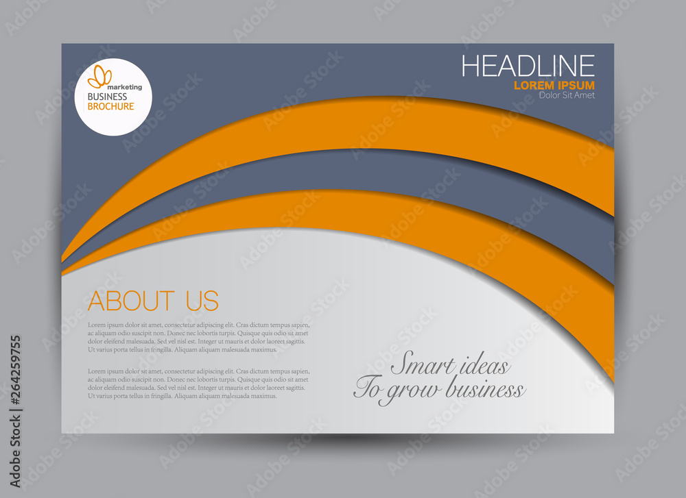 Fototapeta premium Grey and orange landscape wide flyer or brochure template. Billboard abstract background design. Business, education, presentation, advertisement concept. Vector illustration.